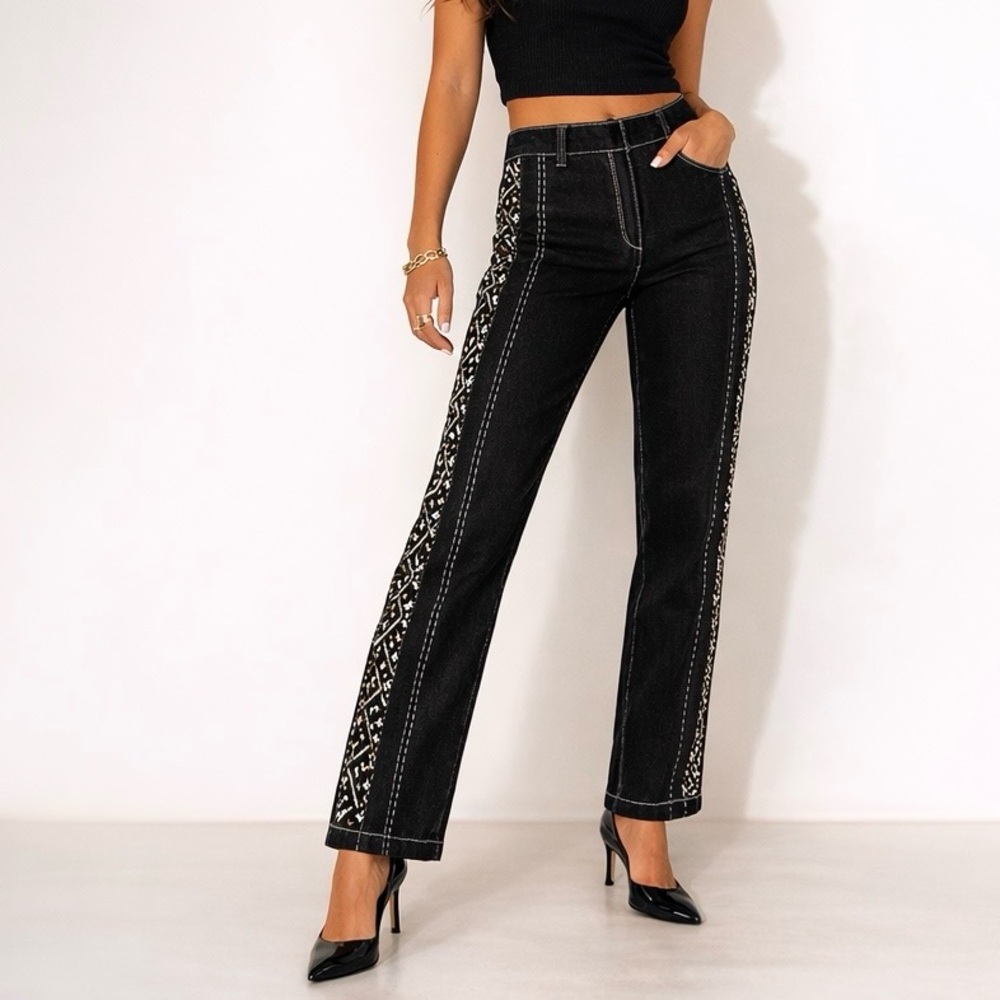 Escada Y2K Beaded Tuxedo Stripe Black Denim Jeans Statement Sz 8